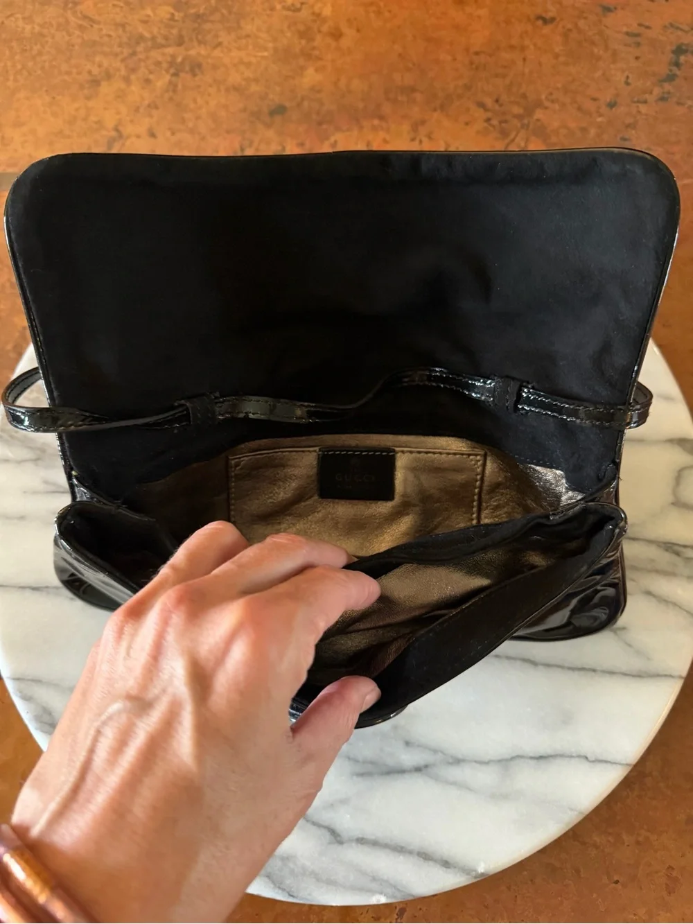 Vintage Gucci Black Patent Leather Clutch with Gold Crest